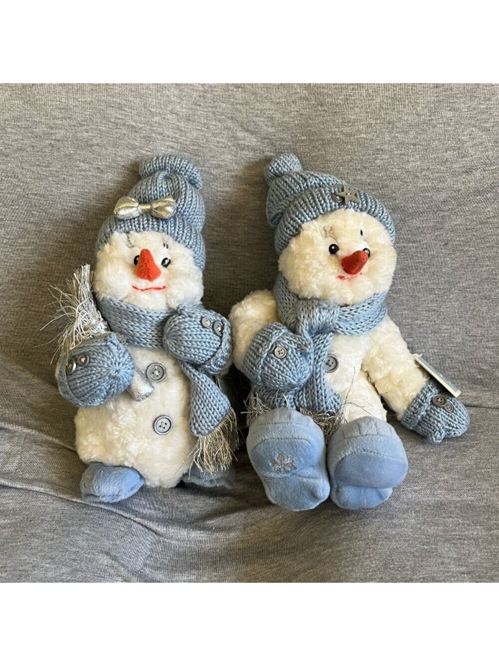 Snow Buddies Plush Snowmen Pair With Blue Knit Hats & Scarves Holiday Decor